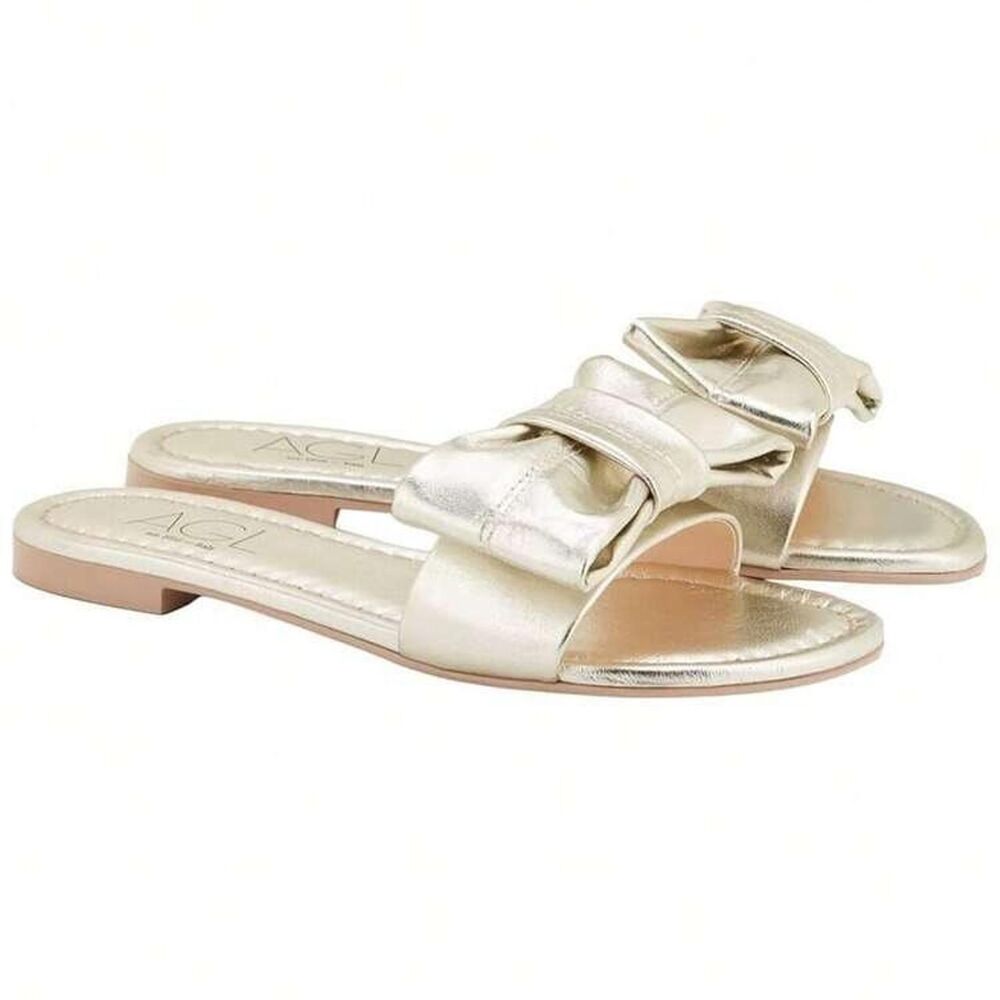 AGL Attilio Giusti Leombruni Ribbon Gold Metallic Leather Bow Slide Sandals 6